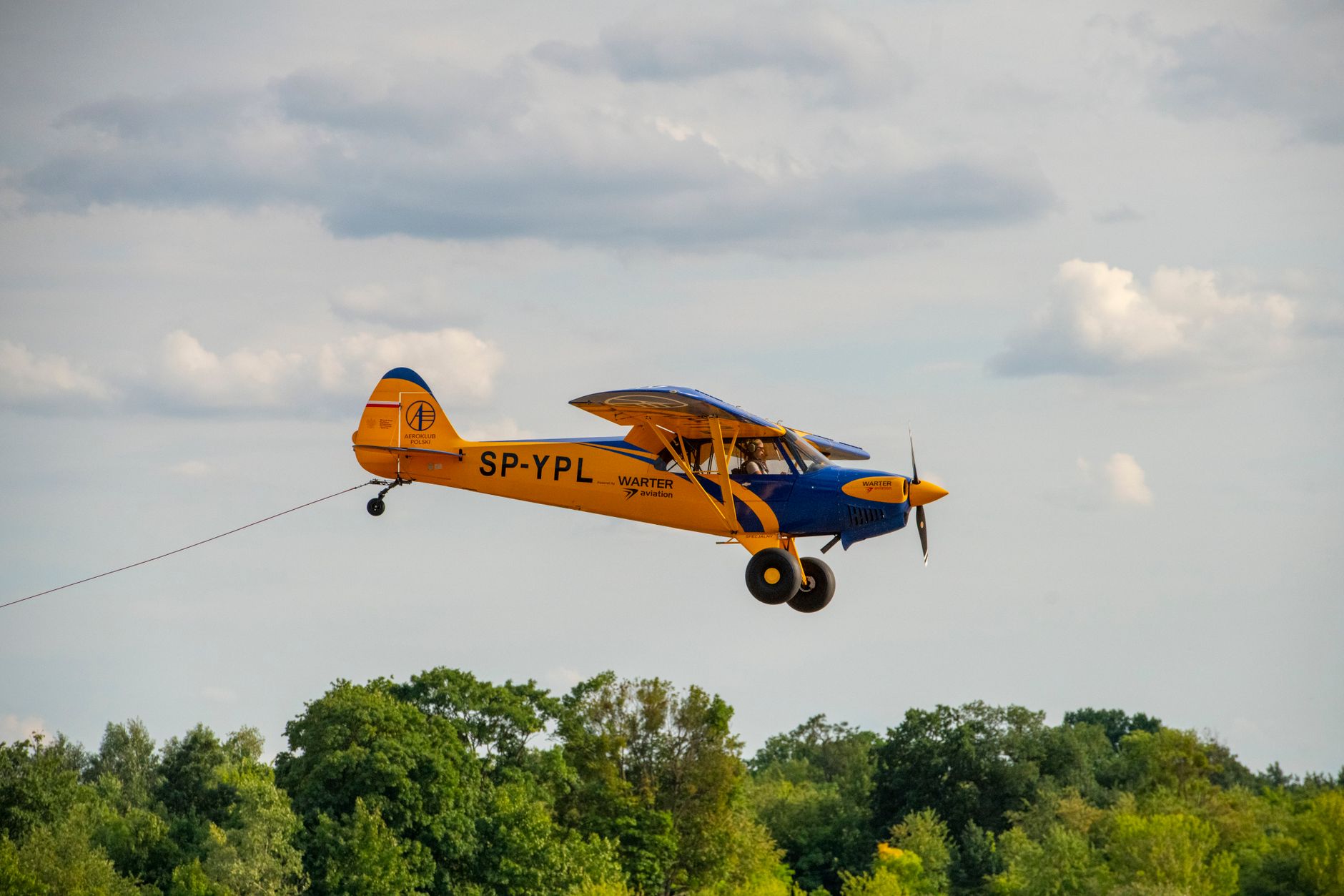 a small airplane flying over a field with trees